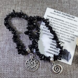 Black tourmaline chip bracelet with charm