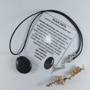 Black Onyx teardrop necklace on woven cord, 3cm pendant
