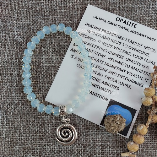 Opalite faceted 6mm round bracelet with spiral charm
