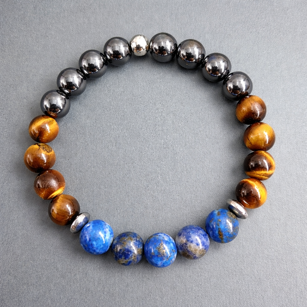 Confidence and Courage Bracelet with Lapis Lazuli Tigers eye and Hematite 8mm beads