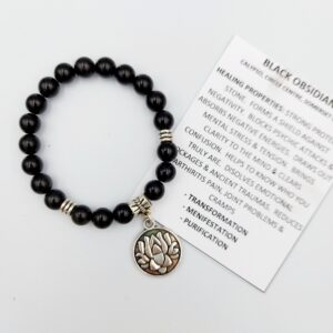 Black Obsidian bracelet with lotus charm, 8mm beads, stretchy