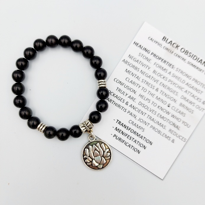 Black Obsidian bracelet with lotus charm, 8mm beads, stretchy