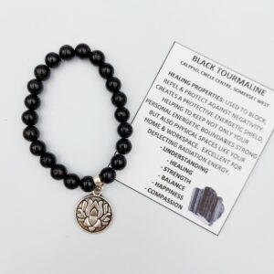 Black Tourmaline bracelet with lotus charm, 8mm beaeds