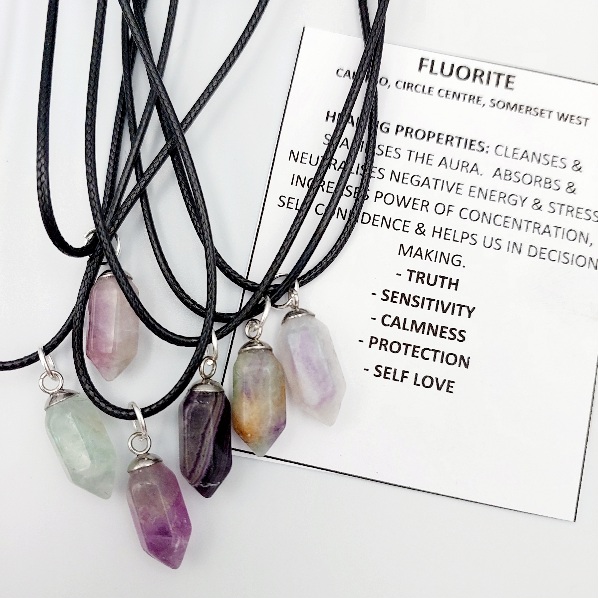 Small Fluorite prism necklace on woven cord