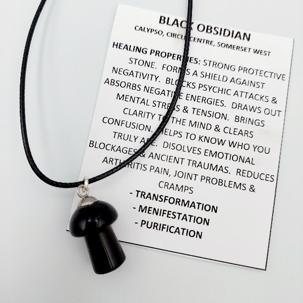 Black Obsidian mushroom necklace on woven cord