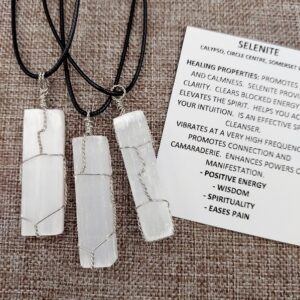 Selenite Satin Spar wire-wrapped pendant necklace