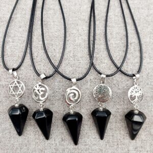 Black obsidian prism with charm necklace
