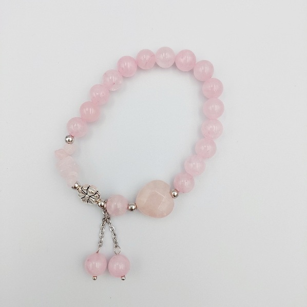 Rose quartz bracelet with heart and hanging beads