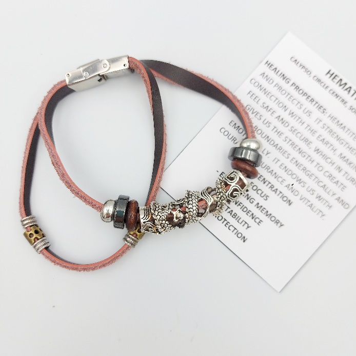 Leather bracelet with dragon bead and Hematite