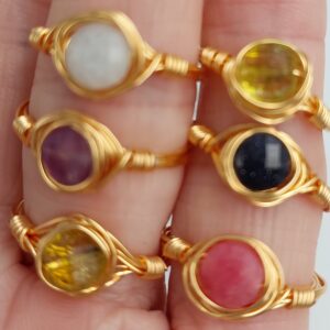 Gemstone ring with oval copper wire wrap - Peridot, Aquamarine, Strawberry Quartz, Blue Goldstone and Amethyst