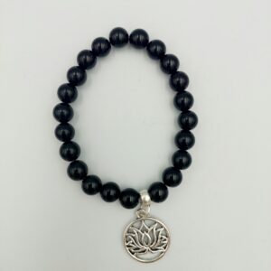 Black Agate with Lotus Charm Bracelet 8mm