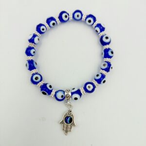 Evil eye bracelet with Hamsa and daisy spacers, 8, beads
