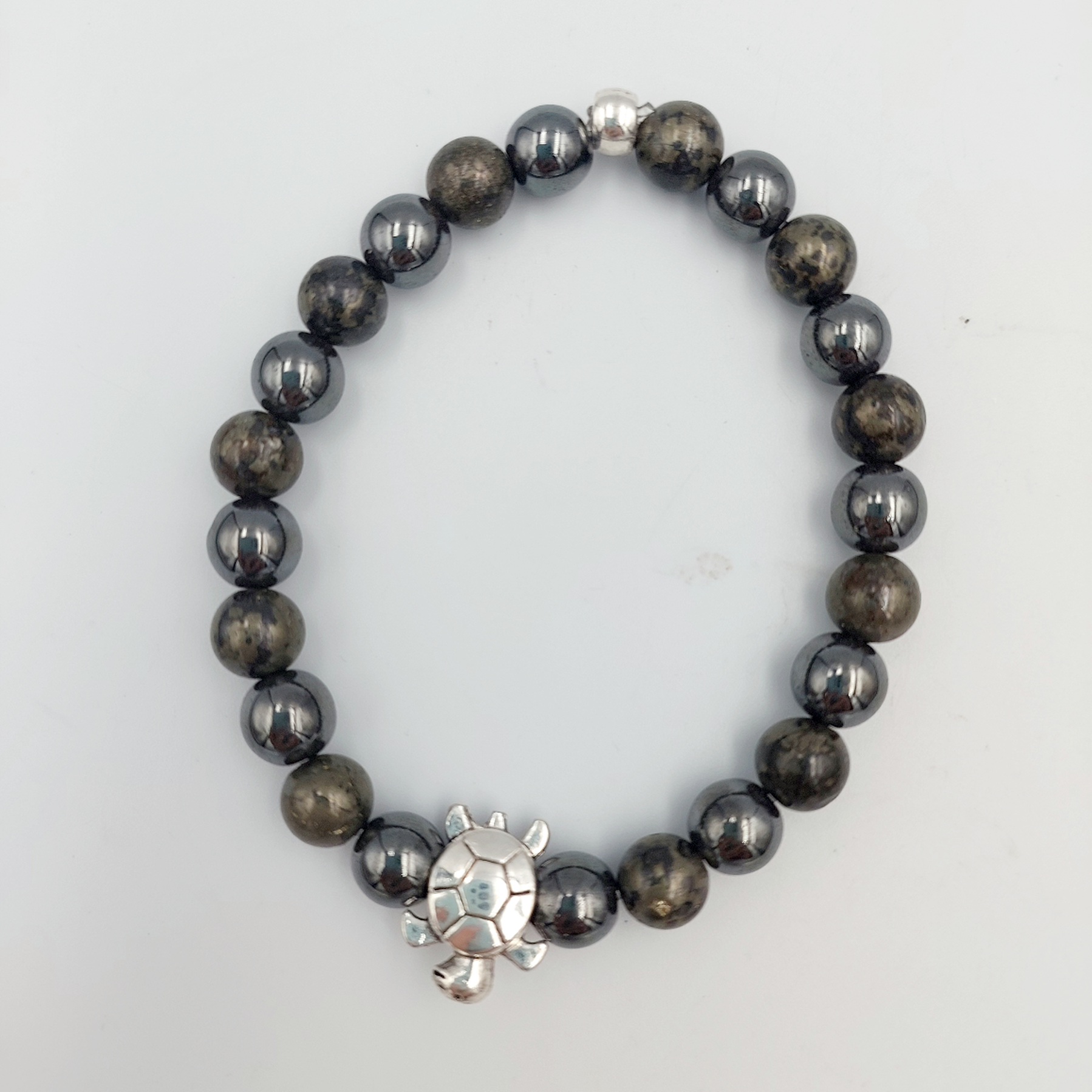 Pyrite and Hematite bracelet 8mm with turtle