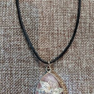 Rose Quartz Teardrop Necklace with Dragonfly