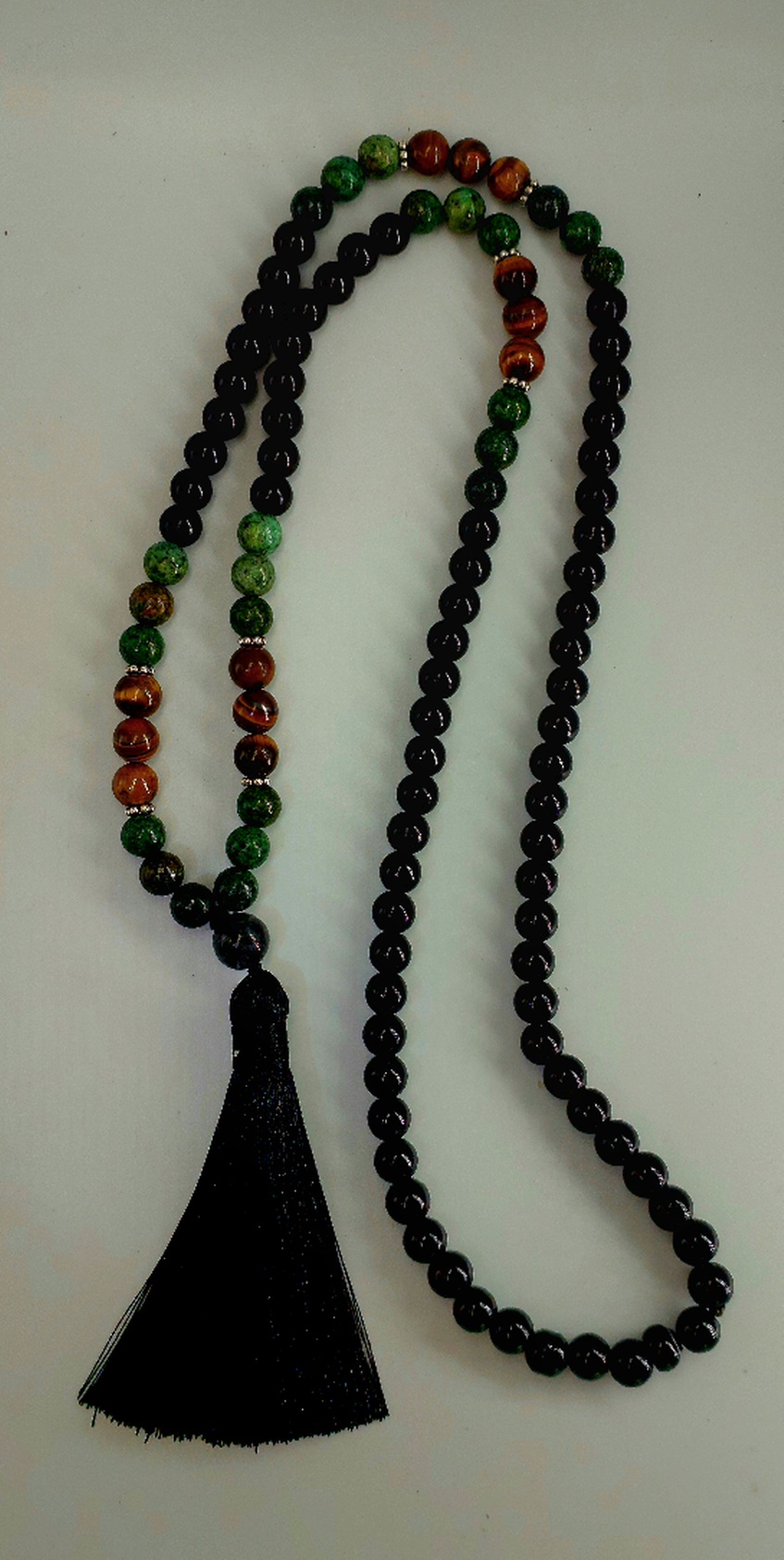 Mala Prayer Beads with Black Agate Tiger's Eye and African Turquoise